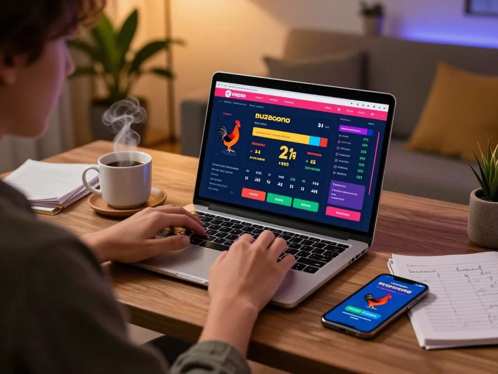 Player engaging with dagago’s online betting platform on a laptop, showcasing a vibrant gambling interface.