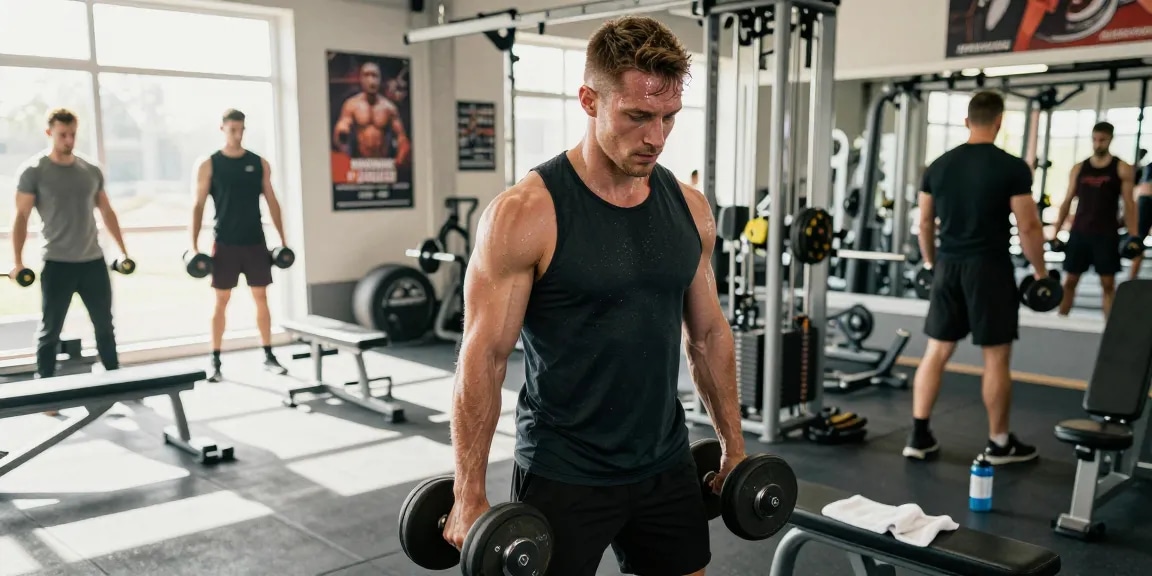 Sportlicher männlicher Bodybuilder hebt Gewichte in einem modernen Fitnessstudio, zeigt Engagement und Intensität, reflektiert die Fitnessreise des Anabolika Shop Deutschland.
