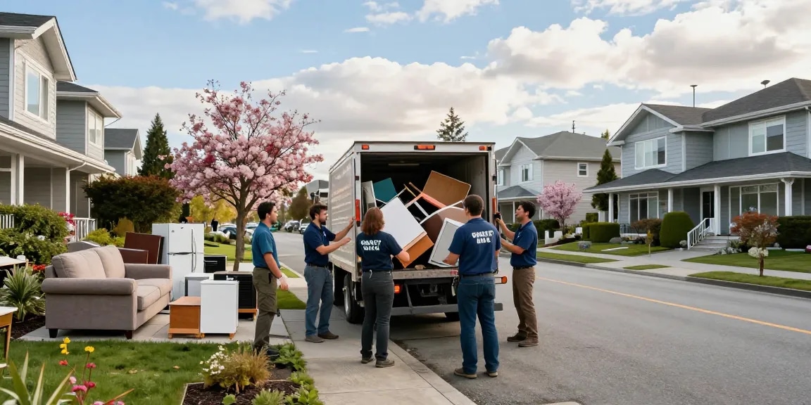 Vancouver Waste Removal team efficiently loading junk in a friendly neighborhood.
