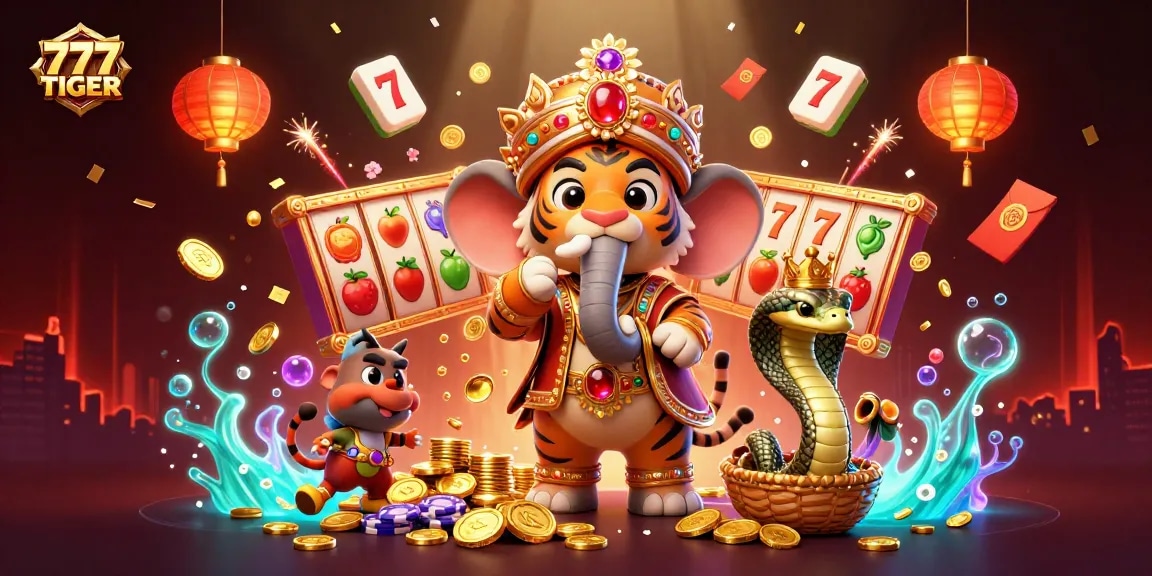Engage with 777TIGER's vibrant online gaming scene filled with dynamic casino action and colorful decorations.