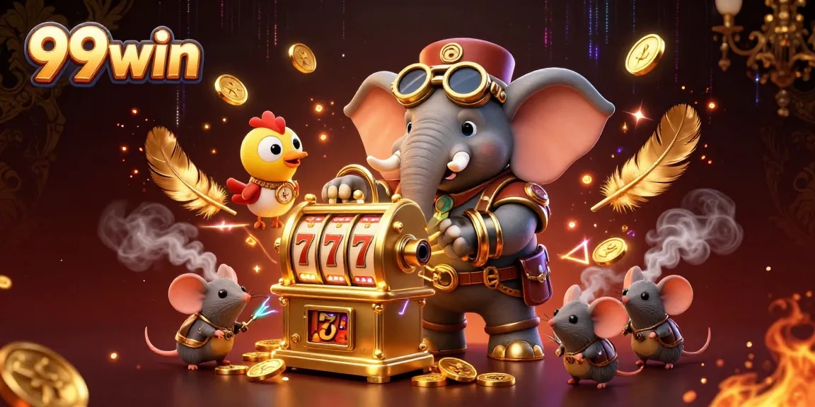 Spin the golden slot machine and win big with 99win in this vibrant casino scene.
