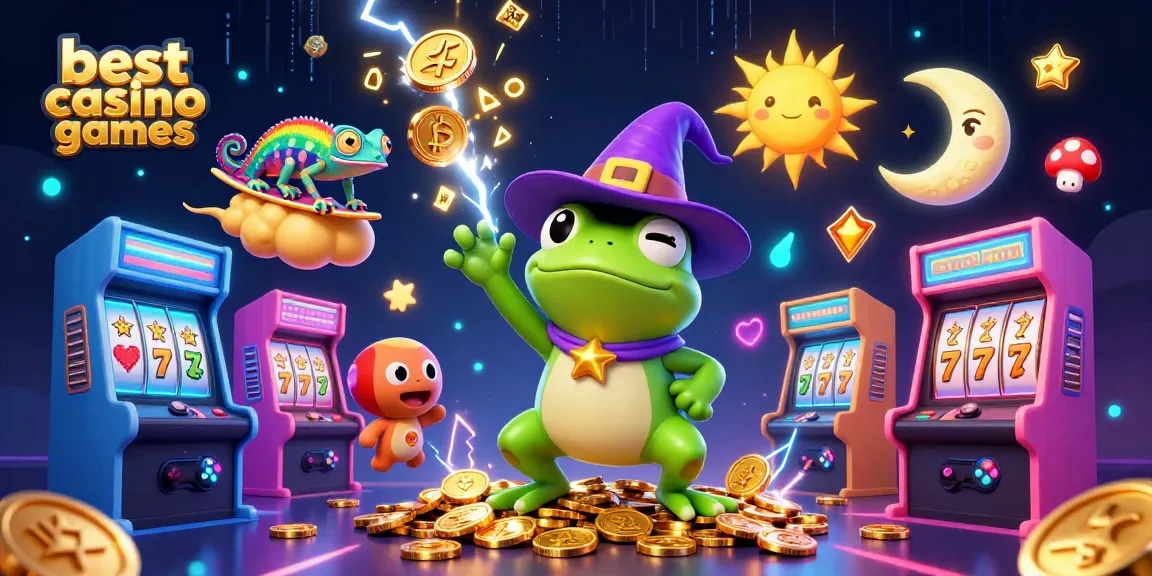 Engage with the best casino games in a dynamic 3D illustration featuring magical characters and casino elements.