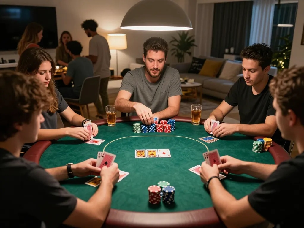 Intense poker gameplay at home with friends, showcasing Go99 gaming atmosphere