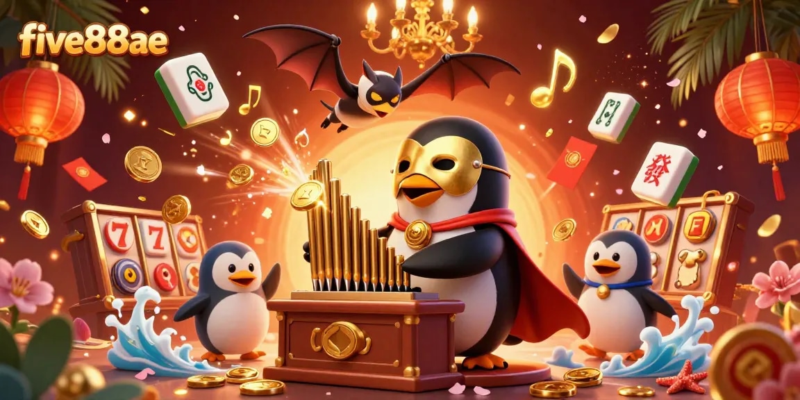 Engage in thrilling slot action at five88ae with floating symbols and vibrant gold coins.