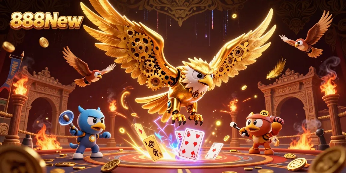 Experience thrilling gameplay with 888New as the golden eagle dives through holographic cards.