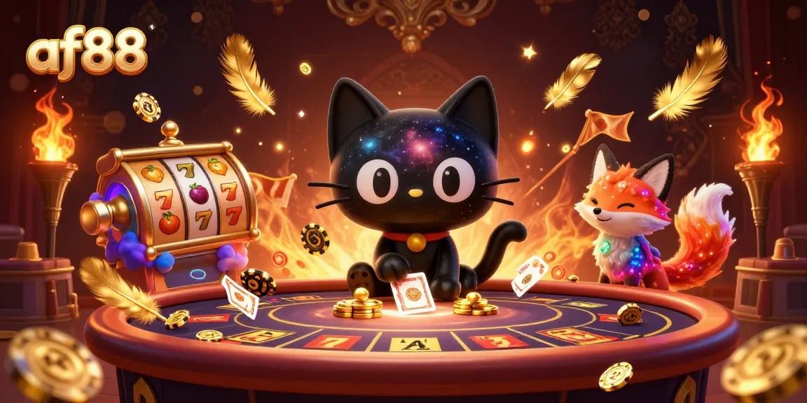 Join the thrilling action of af88 casino with a cosmic adventure featuring a black hole cat and colorful fox!