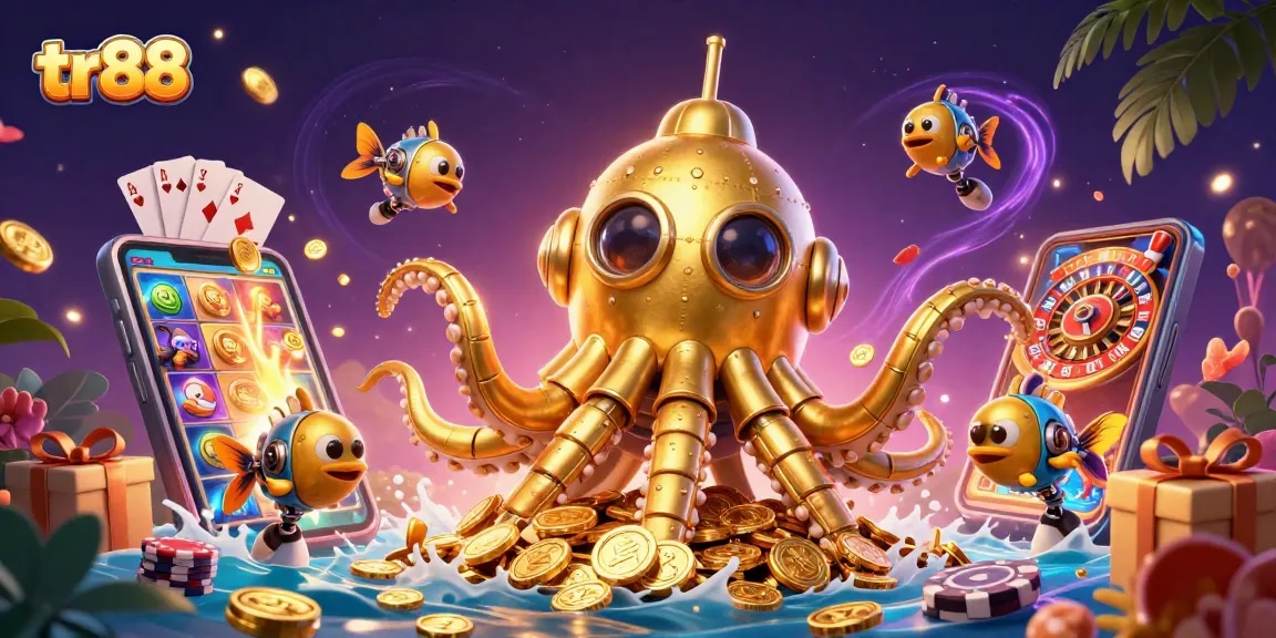 Experience tr88 with exciting games in a vibrant, detailed 3D casino scene full of treasures.