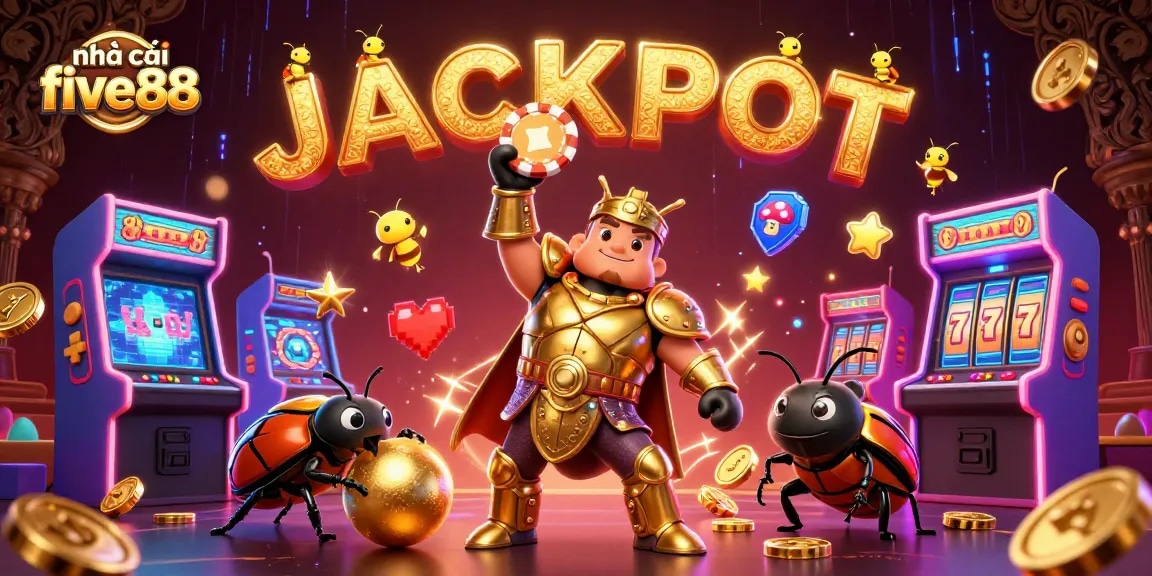 Engage with nhà cái five88 as a vibrant 3D illustration showcases a heroic beetle lifting a poker chip amidst casino gaming elements.