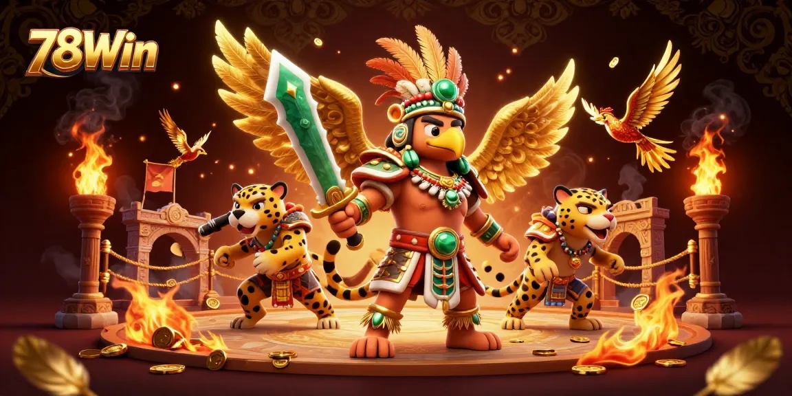 Engage with 78Win's dynamic casino scene featuring Aztec warriors and gambling elements.