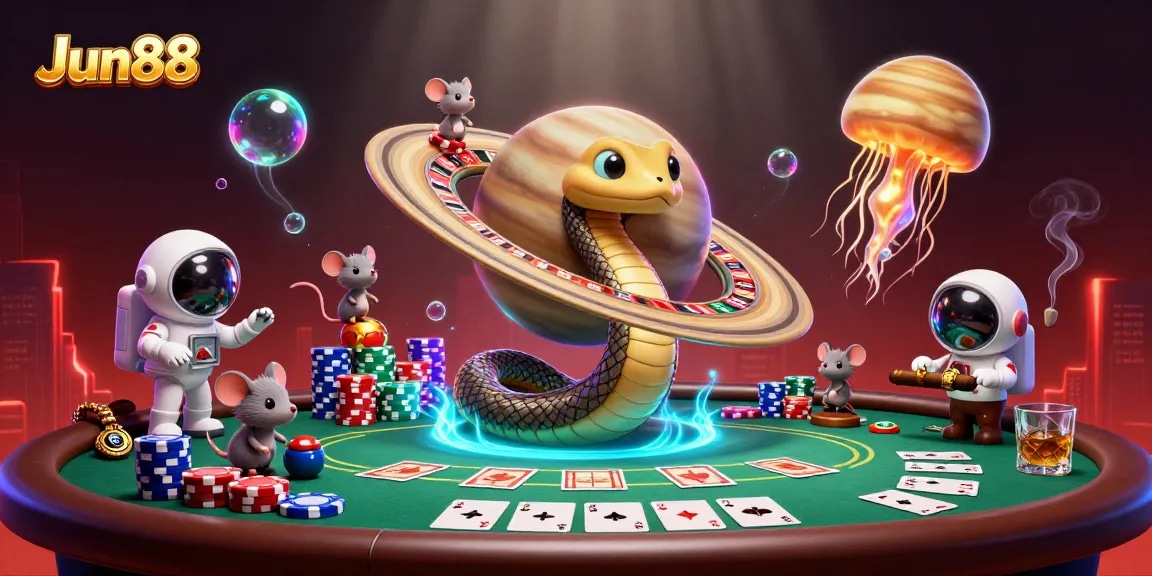 Experience thrilling bets with Jun88 featuring cosmic characters and casino elements.