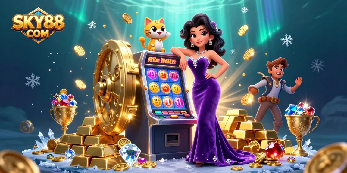 Experience jackpot excitement at SKY88 COM with a glamorous scene of vibrant casino elements.