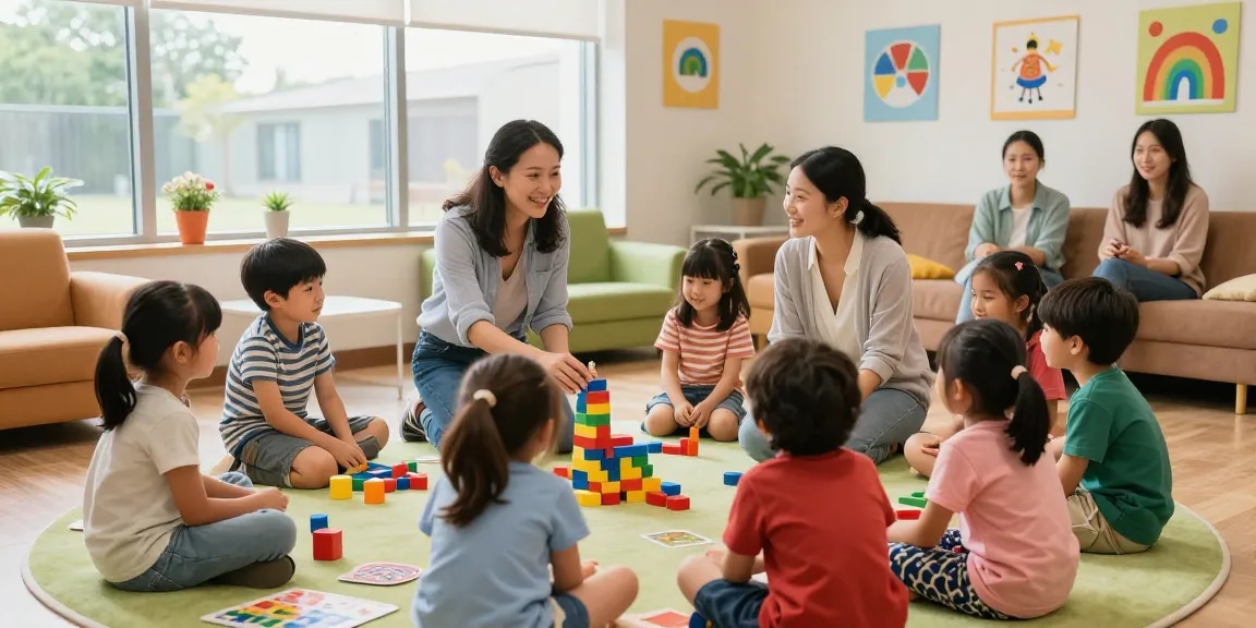 Children engaged in a social skills program for autism Burlington, fostering friendship and connection in a supportive therapy environment.