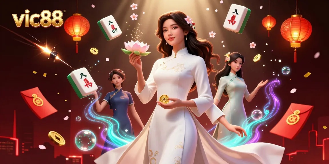 Experience the excitement of vic88 with a dazzling Asian casino scene featuring vibrant game elements and characters.