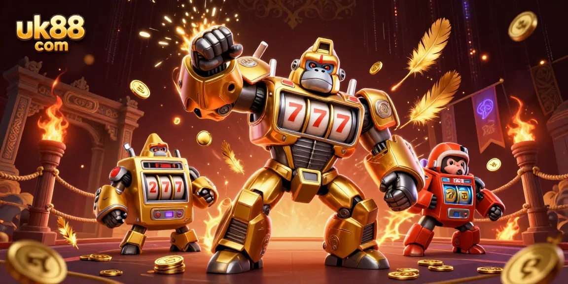 Engage with the excitement of uk88 com's dynamic gaming world featuring a golden gorilla mech and immersive casino elements.