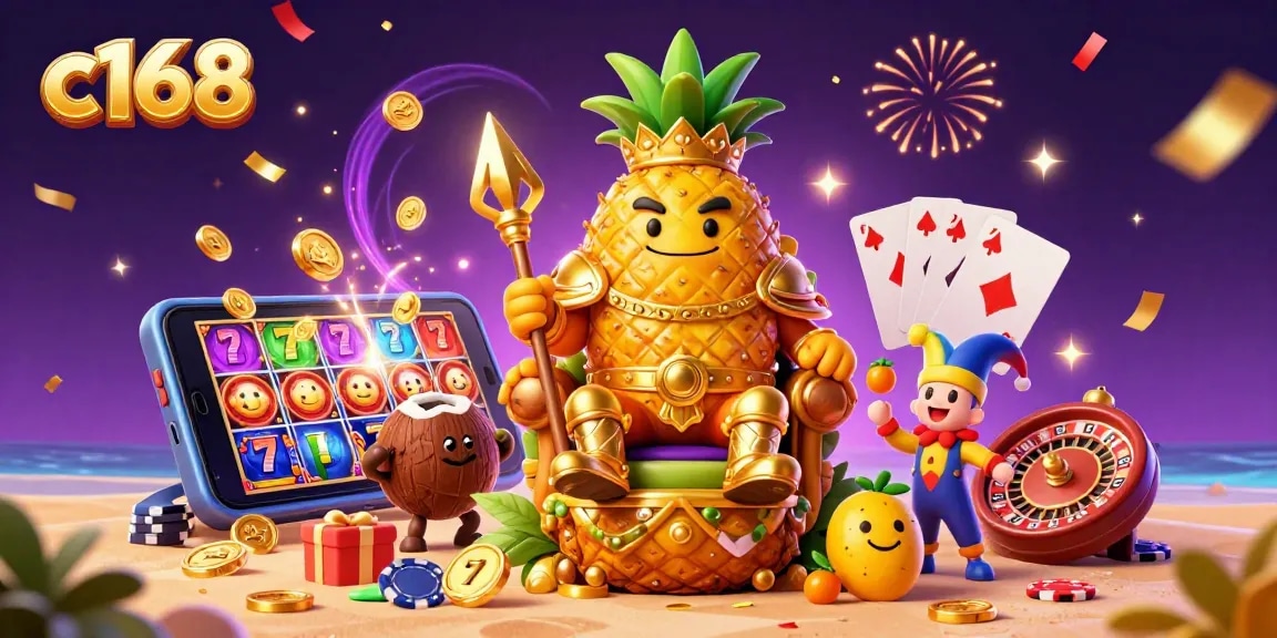 Experience vibrant gameplay in c168, with colorful slot reels and festive casino characters.