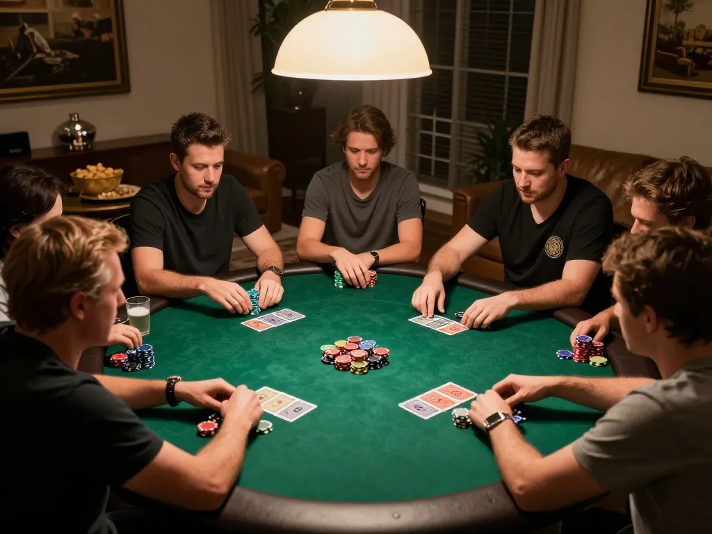 xx88 pizza players engaging in serious poker strategy during a lively home game night