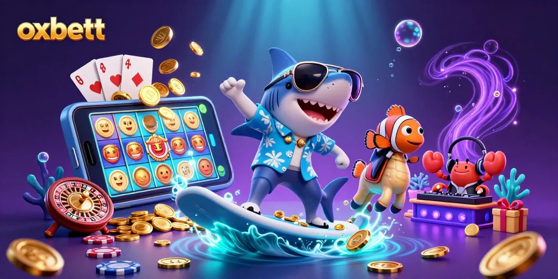 Surf the wave of fortune with oxbett, featuring vibrant casino elements and dynamic underwater characters.