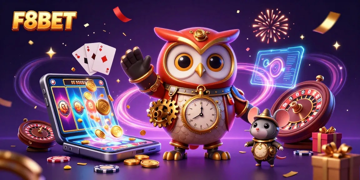 Experience the excitement of F8BET with this vibrant 3D illustration of an owl and casino elements.