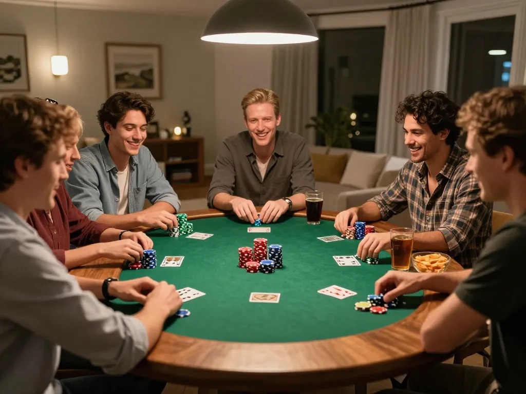 Poker night with friends enjoying a competitive game at home, highlighting 888b's social gambling experience.
