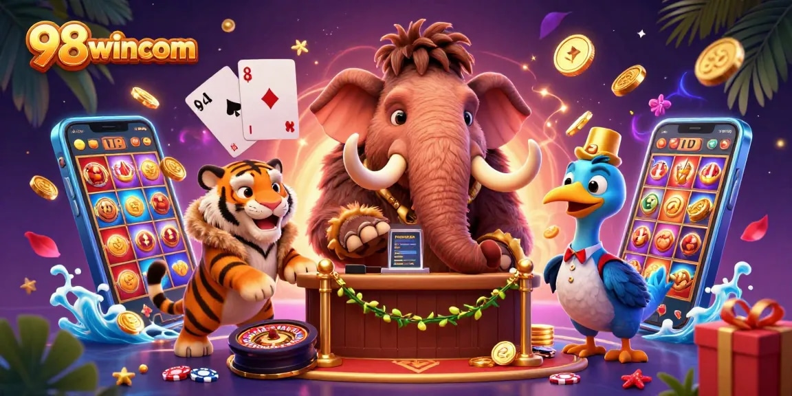 Win big at 98wincom with vibrant casino illustration featuring slots, poker, and exciting characters.