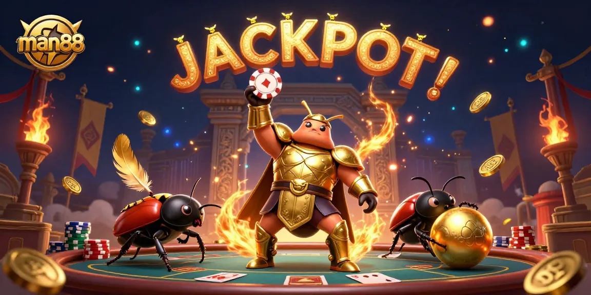 Engage with man88's exciting poker scene featuring a victorious beetle and golden betting tokens.