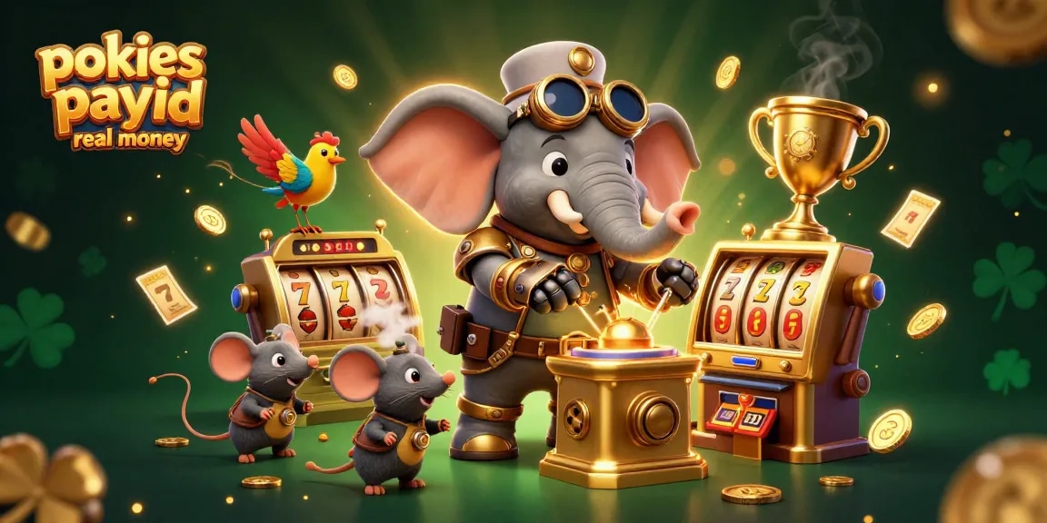 Engage in pokies payid real money with adventurous characters operating slot machines in a playful casino scene.
