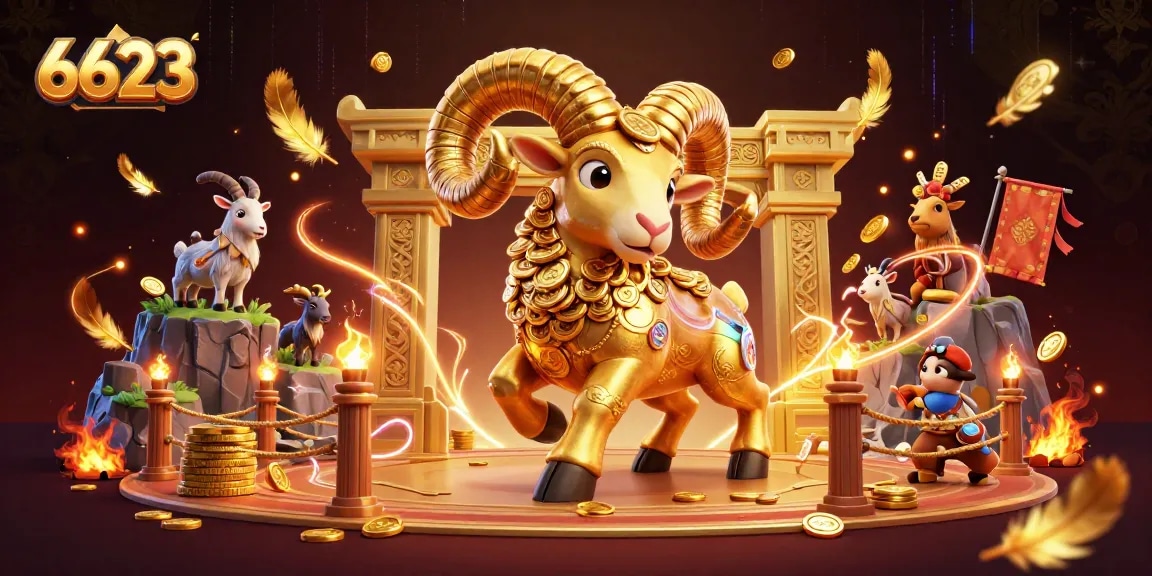 Engage with thrilling gaming action at 6623, featuring a golden ram charging through a vibrant casino environment.