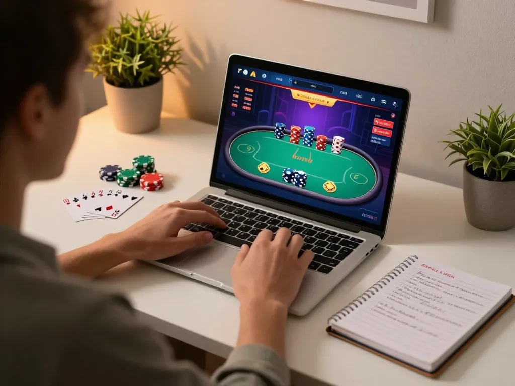 Play poker at vin88 using a laptop in a cozy, modern workspace, showcasing online gaming strategy.