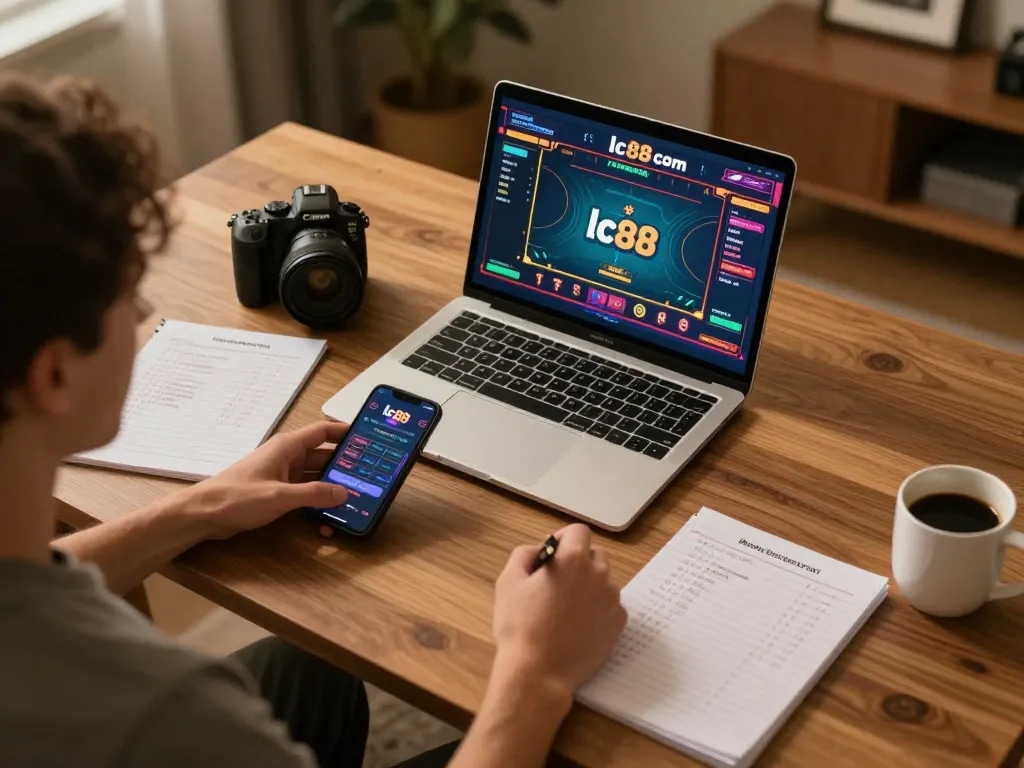 Player engaging with lc88 com on a laptop for online casino games amidst a cozy home setting.