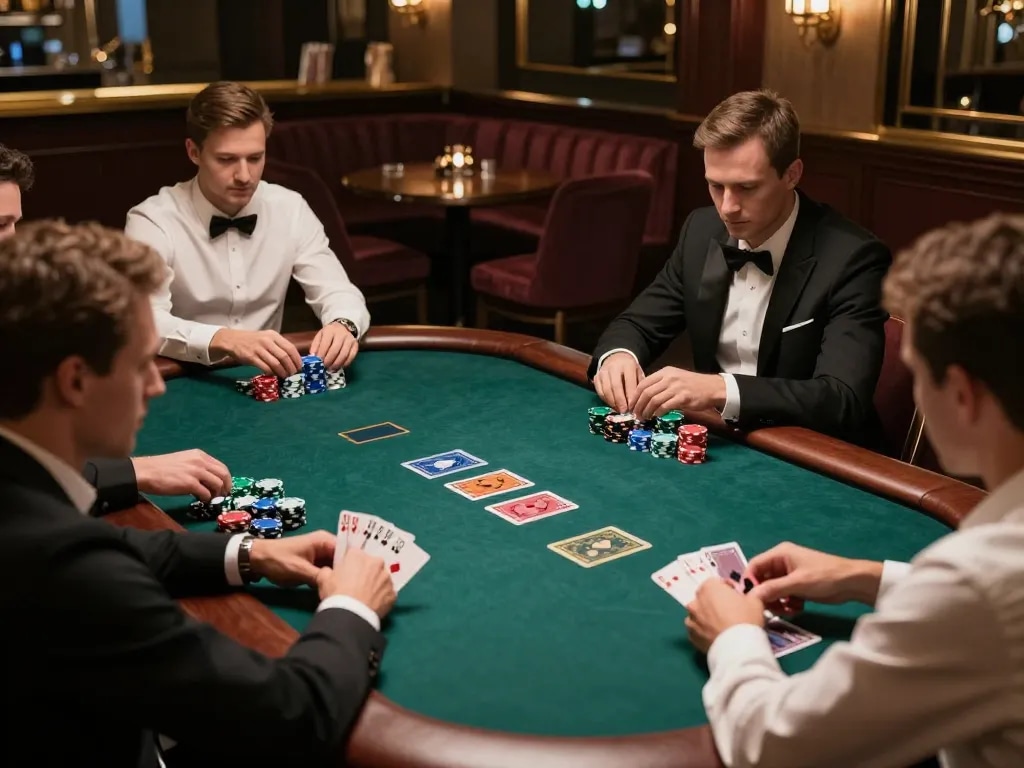 Engaged players strategizing at a poker table with vuabet88i, showcasing a high-stakes game atmosphere.
