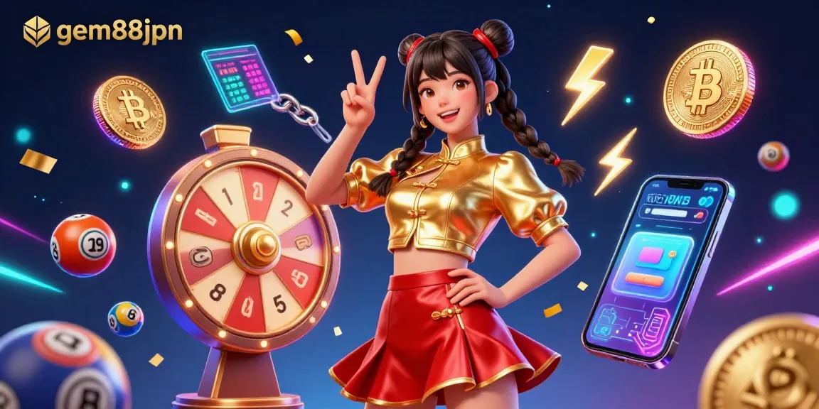 Engage with the vibrant gem88jpn casino showcasing a stunning Asian woman enjoying colorful lottery balls and crypto elements.