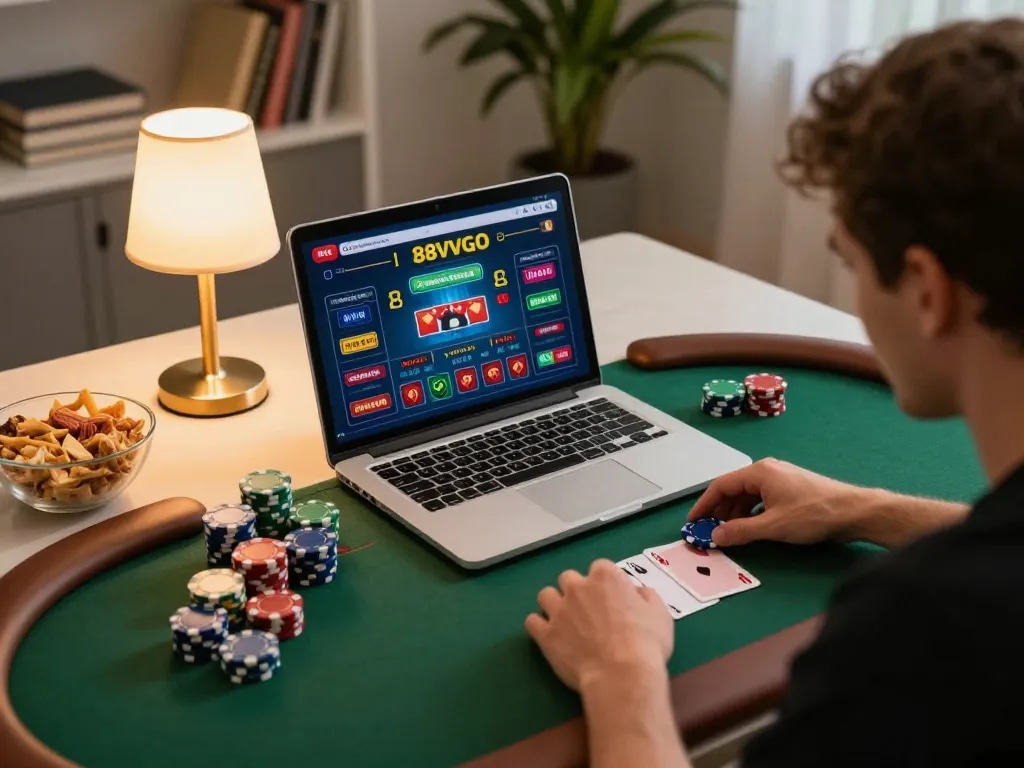 Player engaging in online poker with 88vvgo interface, showcasing lively at-home gaming atmosphere.