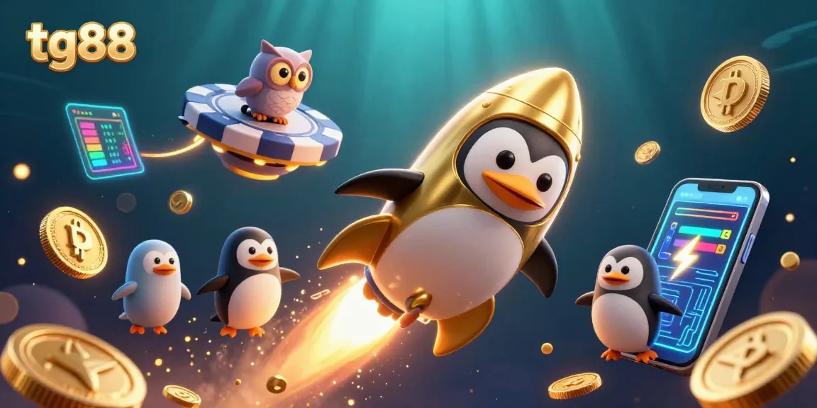 Engage with tg88's thrilling online gaming adventure featuring a golden penguin and poker chip station.
