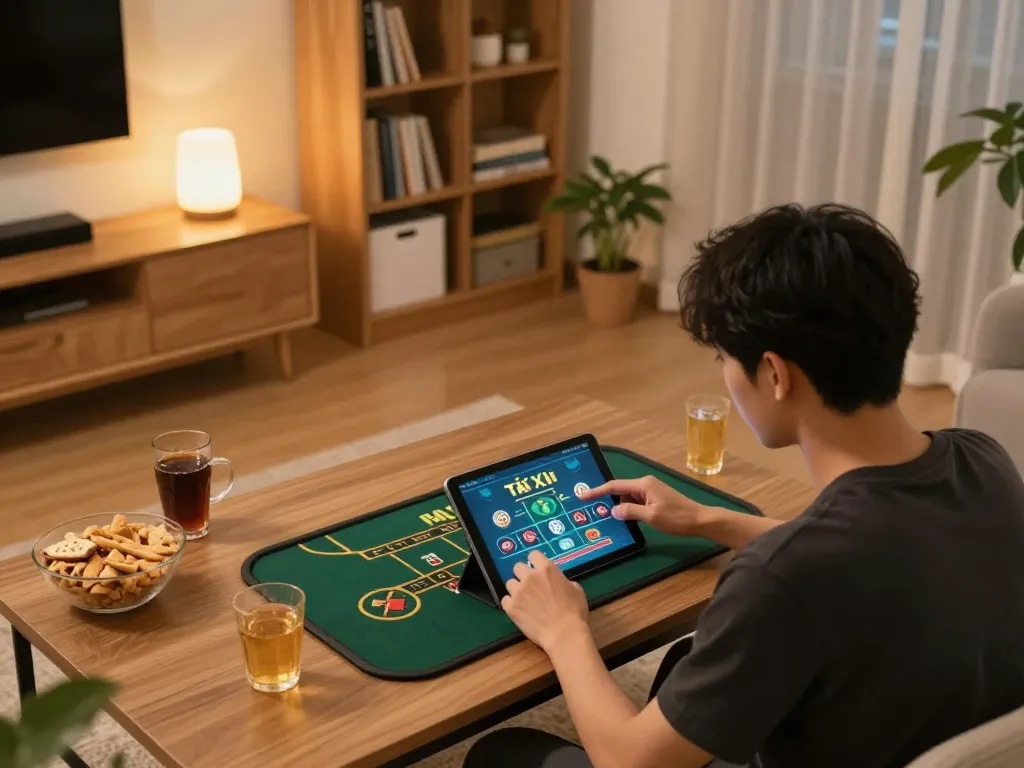 Engaging in online app tài xỉu gameplay from home with tablet, warm lighting, and snacks