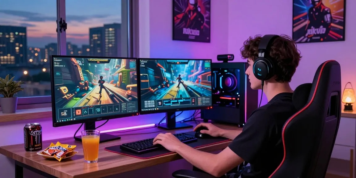 Player engaging with the Rikvip gaming interface in a modern home setup, showcasing gaming gear and vibrant atmosphere.