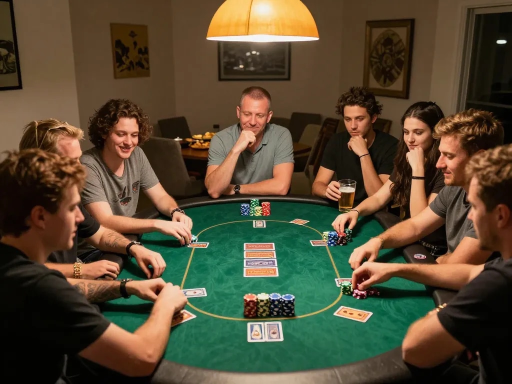 Friends play poker together, showcasing a lively game atmosphere at home, with mm88bet promoting responsible gambling.