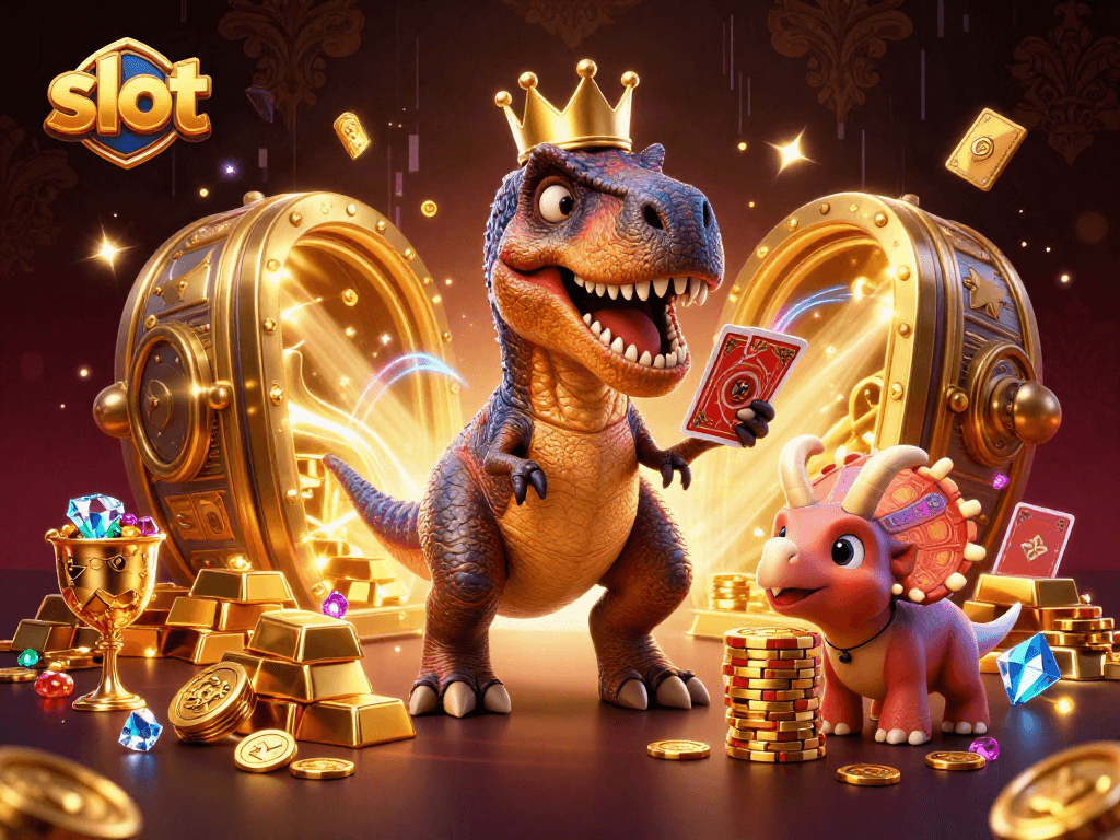 Watch the slot games come alive with a T-Rex card dealer and gold treasures!