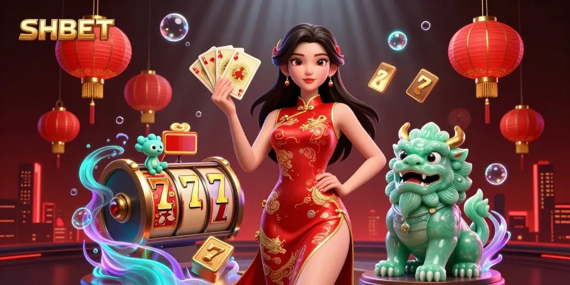 Experience SHBET with lively 3D casino illustration showcasing a woman in qipao holding playing cards.