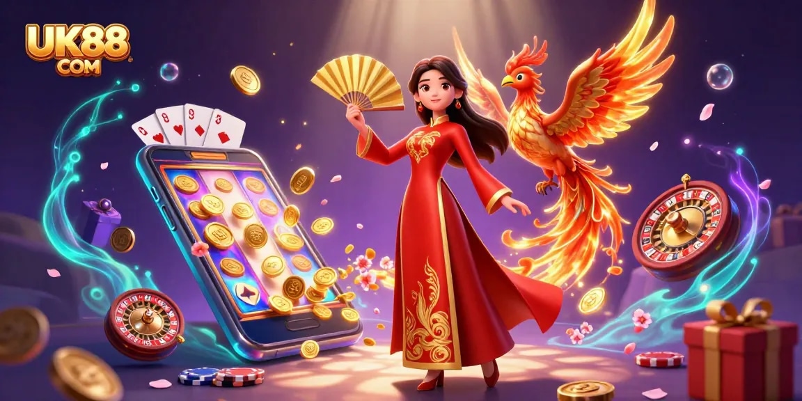 Experience thrilling action with UK88 COM's vibrant gaming scene featuring an enchanting woman and golden phoenix.