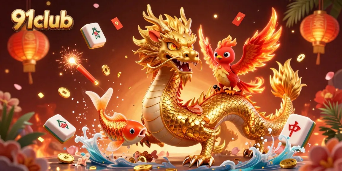 Play thrilling games at 91club, featuring a fierce dragon soaring through an exciting casino scene.