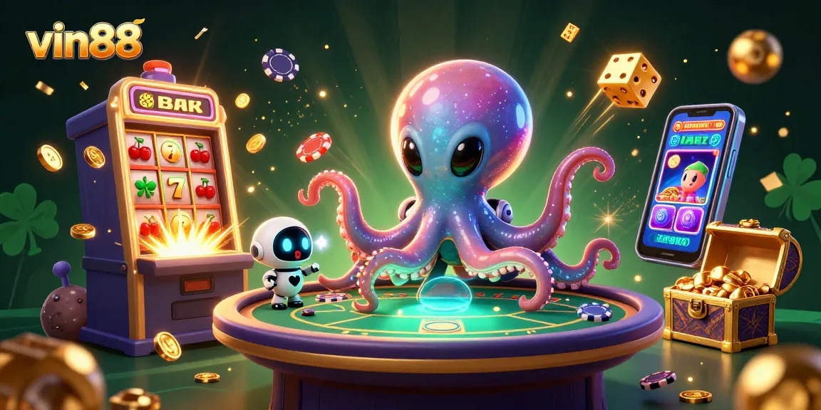 Experience thrilling gameplay with vin88 featuring an alien octopus at a holographic poker table and dynamic casino action.