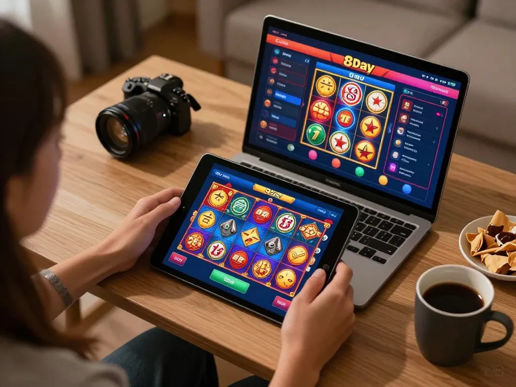 Playing 8day app in a cozy home office with vibrant colors on the tablet screen.