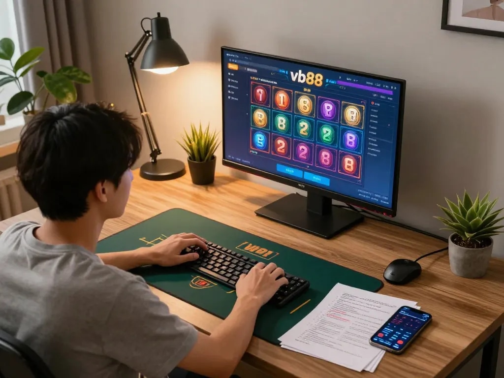 Engaging in strategic online gaming with vb88game on a tablet amidst a cozy home office.