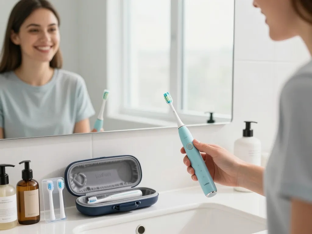 Using Laifen electric toothbrush in vibrant bathroom setting with stylish sink.