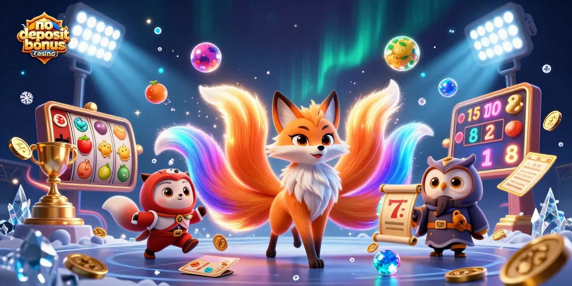 Play at a no deposit bonus casino with radiant characters and vibrant slot symbols.