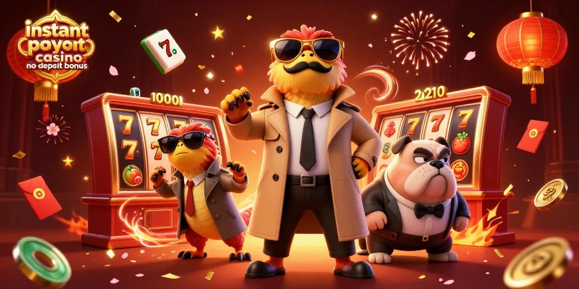 Win big with instant payout casino no deposit bonus at a cartoon casino scene featuring humorous raptors.