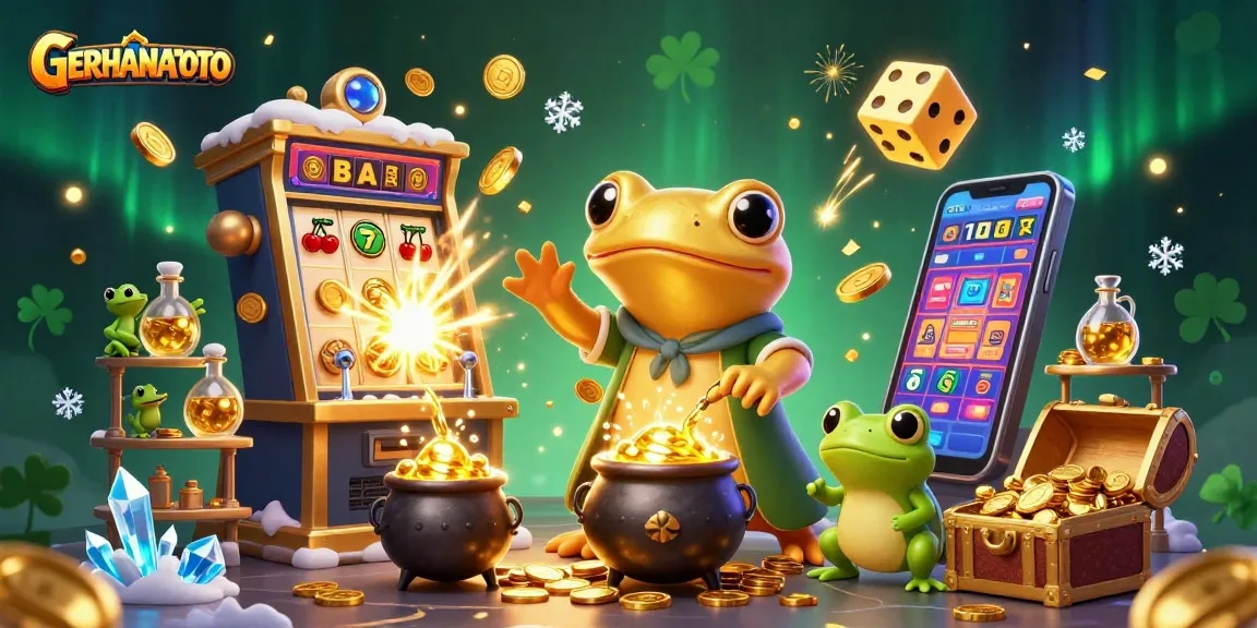 GERHANATOTO menyajikan ilustrasi kasino penuh warna dengan elemen jackpot dan karakter menarik yang bersatu.