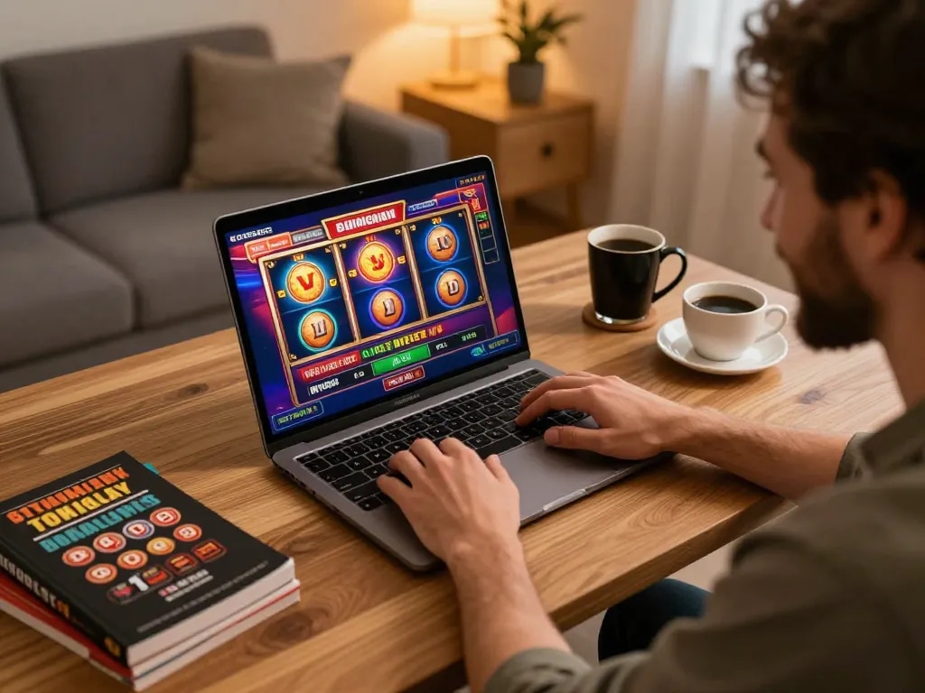 Join the action with Login Lu88 on a laptop, displaying vibrant casino games in a cozy home setup.