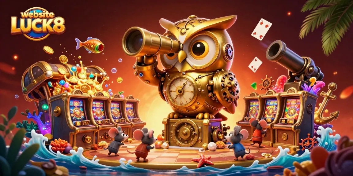 Experience the thrills of the website LUCK8 with a vibrant casino-themed 3D illustration.
