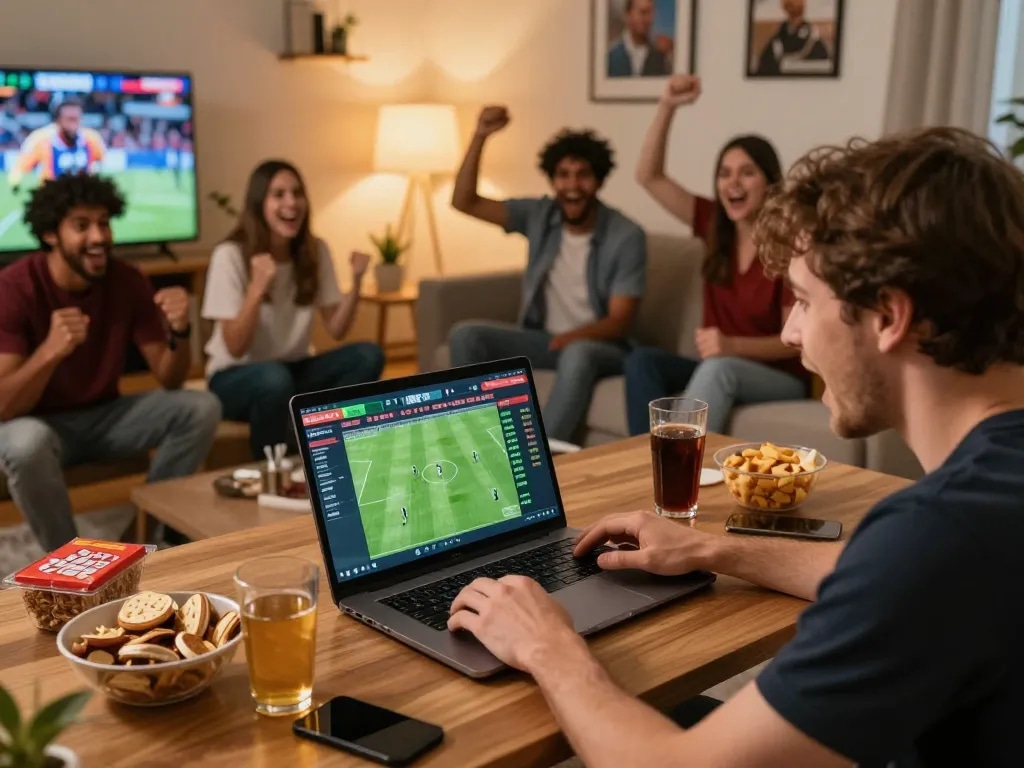 Socolive user enthusiastically placing bets while enjoying a live football match in lively home setting